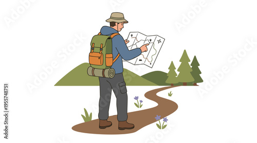 A hiker tourist seeks a trail route on a map while trekking and enjoying an outdoor hiking adventure. A backpacker and climber navigate nature and travel. The illustration is a flat vector isolated