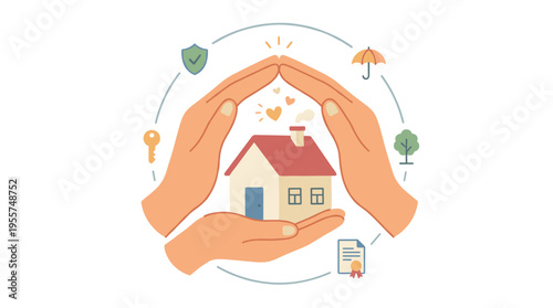 Delightful home care and safeguarding. Hands embrace, shield, and nurture the local dwelling with affection. Real estate coverage, safety, and security principles. A flat vector illustration set