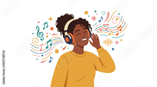 A music enthusiast relishes sound through headphones, a joyful young Black woman listening to her favorite track, smiling as the melody inspires her, depicted in a flat vector illustration