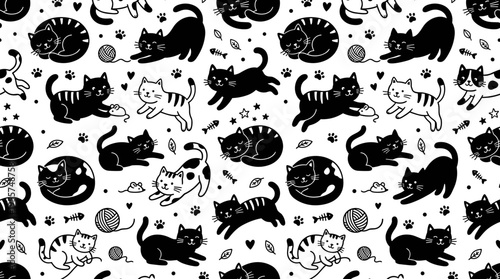 A continuous pattern featuring adorable, playful and sleeping cats, set against an infinite black‑and‑white backdrop suitable for printing, rendered as a hand‑drawn, flat‑contoured vector