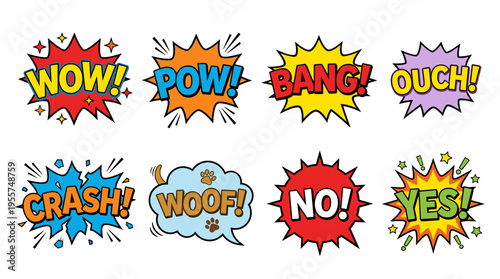 Illustration of comic sound effect bubbles isolated on a white background, featuring lettering like wow, pow, bang, ouch, crash, woof, no, and yes