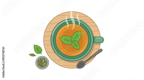 A mug of mint‑infused herbal tea viewed from above, its steaming liquid fresh and hot, depicted as a colorful flat vector illustration against a white background