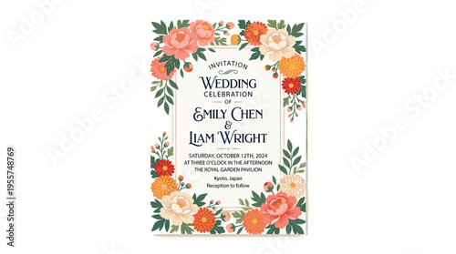 This vertical card template features a flat vector illustration of blooming Japanese peonies and chrysanthemums, framed romantically with gorgeous flowers and a space for text, making it an elegant