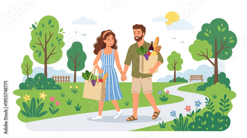 A charming couple strolls hand in hand through a summer park, depicted in a flat vector illustration, while they carry a grocery bag brimming with picnic supplies, enjoying a joyful date amid a