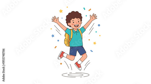A cheerful student child, a schoolboy leaping with arms raised, exuding joy, depicted as a flat vector illustration on a white background