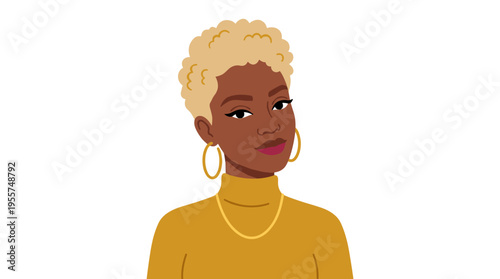 Portrait of a black woman with blonde hair, featuring an African American girl styled with fashionable hair, makeup, and earrings, exuding a sassy, chic, modern vibe in a flat vector illustration set