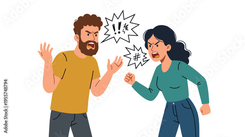 A flat vector illustration shows a bearded, irritated man and an angry woman shouting at one another, depicting a couple's conflict set against a white background