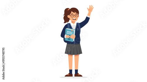 A cheerful student, whether in school or college, stands with a book; a smiling woman waves her hand in a portrait; a bright schoolgirl holds a textbook; a colorful flat vector illustration set