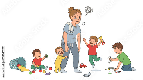 The concept of tough parenting is illustrated by a weary, irritable mother surrounded by numerous bothersome children, her stress, mental shift, and fatigue mounting after an overload of household