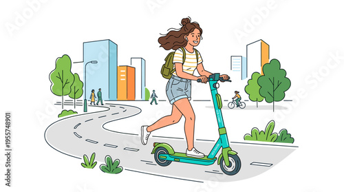 Contemporary folks, a girl on a kick scooter. Stylish young woman operating an eco-friendly personal vehicle. Shared service, urban street, summertime activity. Flat vector cartoon illustration set