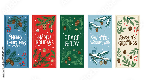 A set of sophisticated vertical winter-themed backgrounds featuring coniferous tree branches, cones, and holiday lettering, accompanied by seasonal banner templates and a Christmas vector