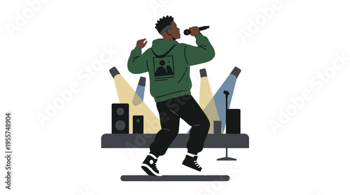A black male singer is shown from the back, performing with a microphone, while a hip‑hop artist dances, sings, and holds a mic during a live karaoke show, illustrated as a flat vector on a white