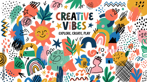 Contemporary poster featuring abstract shapes, hand‑drawn doodles, brushstrokes, and a pattern of creative elements, with a playful, funky card design in a trendy style that includes dots and