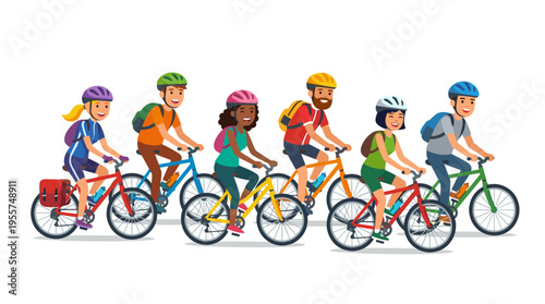 A group of cheerful young friends riding bicycles together in a flat vector illustration, featuring a colorful man and woman on a tourist bike trip, isolated against a white background, enjoying an