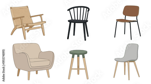 A set of stylish Scandinavian chairs displayed against a white backdrop, featuring a cozy armchair and a chic stool, all rendered as a vector illustration