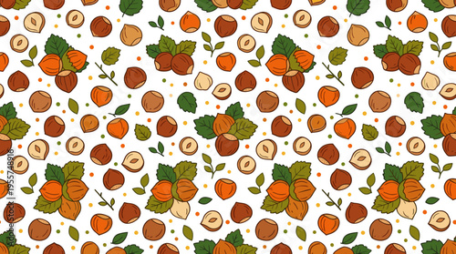 A seamless nut design against a white backdrop, featuring a hand‑drawn, colorful pattern with hazelnut