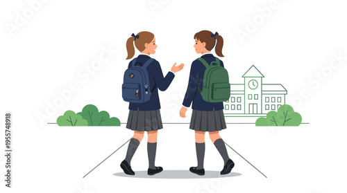 Two girls, possibly twin sisters, wearing school uniforms, walking side by side and chatting, shown from behind in a flat vector illustration