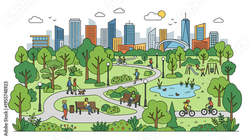A contemporary cityscape featuring a municipal park or shared garden, complete with verdant trees, shrubs, street lamps, and benches, serving as a city leisure spot or natural enclave, depicted in a