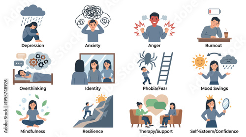 A collection of psychology concepts featuring mental health, personality-related psychological and psychiatric issues, and individuals experiencing varying positive and negative states, depicted with
