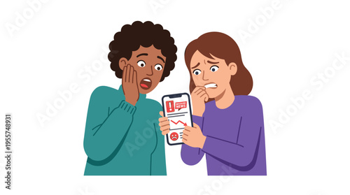After reading grim news on their phones, people were stunned, while anxious women felt frightened by the negative content circulating on social media online, all depicted in a flat vector