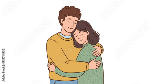 A hand‑drawn, flat‑style colored vector illustration shows a young married couple, a girl and a boy, cuddling on a plain white background