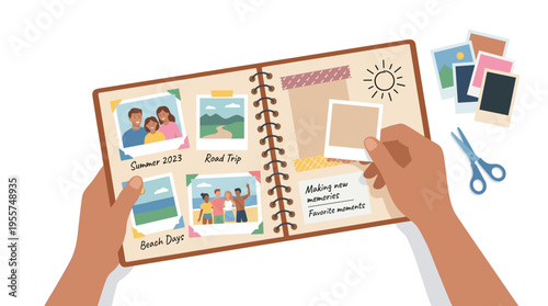 Holding a photo album, I open a DIY scrapbook of photographs, capturing memories and moments while organizing personal pictures and designing a photography archive, journal, and diary, all