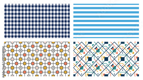 This collection features seamless patterns combining checkered and striped designs, geometric textures with grids, squares, and lines, an endless abstract background ideal for textiles and fabrics