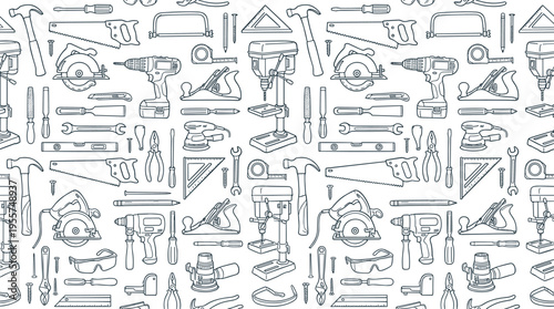 A monochrome, seamless design featuring hand‑drawn contour lines of both manual and powered woodworking tools against a white backdrop, depicting realistic vector art of home repair equipment