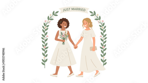 A lesbian couple is celebrating their wedding, a joyful marriage between two women, with brides in dresses holding hands, symbolizing LGBT wives and same‑sex partners, rendered as a flat vector