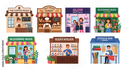 A cheerful group of small business owners: coffee shop, bakery, beauty salon, flower and craft perfume shops, and clothing manufacturers, depicted in a flat vector illustration on a white background