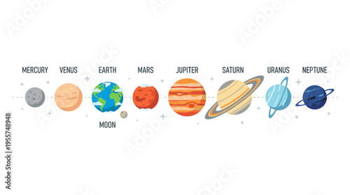 The vibrant planets of the Solar System are lined up horizontally against a monochrome backdrop, depicting celestial bodies in outer space—natural cosmic objects rendered in a stunning semi-colored