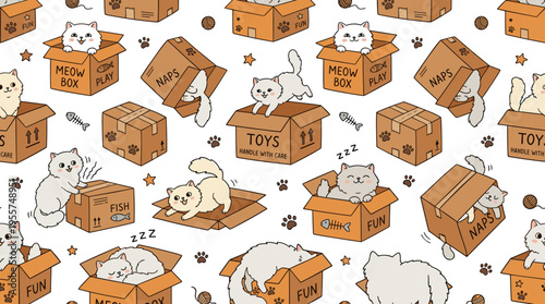 A funny seamless pattern of a Persian cat playing with a cardboard box on a white background, featuring a cute hand‑drawn cartoon character – illustration
