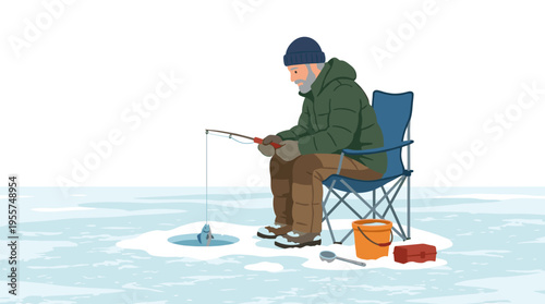 An elderly fisherman sits in a chair at a hole drilled into a frozen river, catching fish during the cold winter season, depicted as a flat vector illustration on a white background