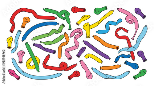 Deflated latex balloons, uninflated long rubber modeling balloons in various colors, tube-shaped inflatable party balloons for decoration, all depicted as a flat vector illustration against a white