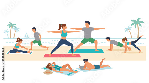 A yoga duo practices by the shore while other active beachgoers exercise, and a woman and man lounge under the sun on vacation, all depicted in a cartoon flat vector illustration of seaside wellness