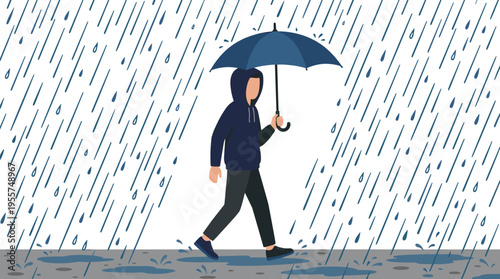 A man strolls beneath an umbrella amid a heavy downpour, clutching a protective parasol while wearing a hooded jacket, depicted as a flat vector illustration on a white background