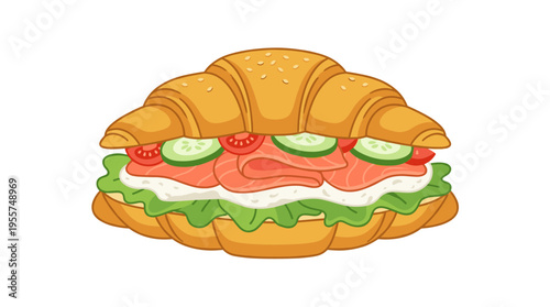 A croissant stuffed with salmon, lettuce, cream cheese, and vegetables, presented as a French roll sandwich with tasty filling between buns, a breakfast dish shown in a flat vector illustration on a