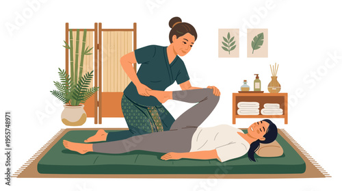 An expert Asian therapist performs Thai yoga massage in a salon while a patient enjoys a wellness spa body treatment, depicted in a colored flat vector illustration set against a white background