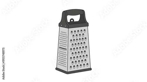 Stainless steel metal grater used for shredding food, a manual kitchen utensil and culinary accessory, depicted as a flat cartoon vector illustration on a white background