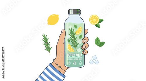 Holding a recycled water bottle, I sip a detox aqua drink infused with rosemary, a healthy summer lemonade featuring a green leaf, all depicted in a colored flat vector illustration set against a