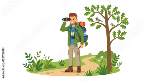 A young birdwatcher on an ecotour, carrying a backpack and binoculars, observes birds as a male ornithologist, shown in a flat vector cartoon on a white background