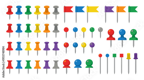 Set of pushpins and thumbtacks, featuring various types such as attaching buttons, needle pins with heads, knobs, flag pointers, and thumbtacks for marking and pricking, presented as flat vector