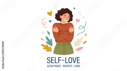 Self‑love, a concept in psychology. A happy girl embraces her own body, caring for herself. A proud domain cuddles. Ego, respect, acceptance. A flat vector illustration isolated on a white background