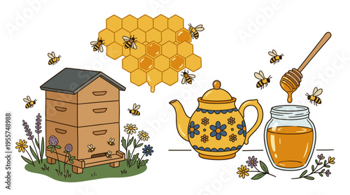 A set depicting honey production, beekeeping or apiculture – honeycomb, handmade beehives, wooden dipper, bees, and a teapot drawn in a retro style on a white background. Color illustration
