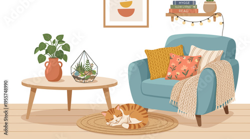 A snug room featuring a plush armchair with pillows, a sleeping cat beside a sleek coffee table, a houseplant in a vase, and a florarium, all rendered in a flat, vectorized textured illustration that