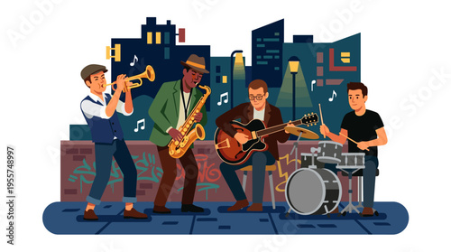 A group of street artists performing on musical instruments in the nighttime cityscape, depicted as a vector graphic illustration of a jazz band and classical music performers, featuring a male