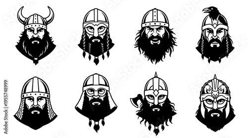 A set of Viking and Varangian warrior helmets, accompanied by a collection of hand‑drawn black‑and‑white portraits