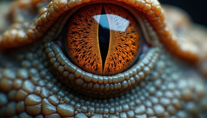 Extreme close up of an orange reptile eye with black pupil and scaly skin texture. This animal gaze is intense and detailed. Macro shot shows reptilian features and vibrant iris color.