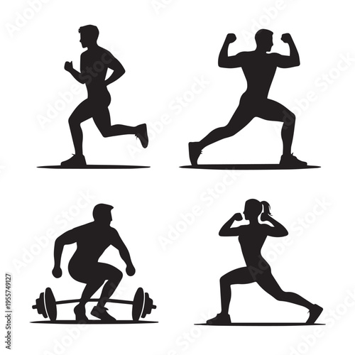 Fitness and Workout Silhouette Vector Set: Running, Weightlifting, and Body weight Training Poses