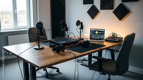 Dynamic neon play button and 'STUDIO' text sign glowing brightly on a textured dark brick wall, symbolizing digital content creation and media production